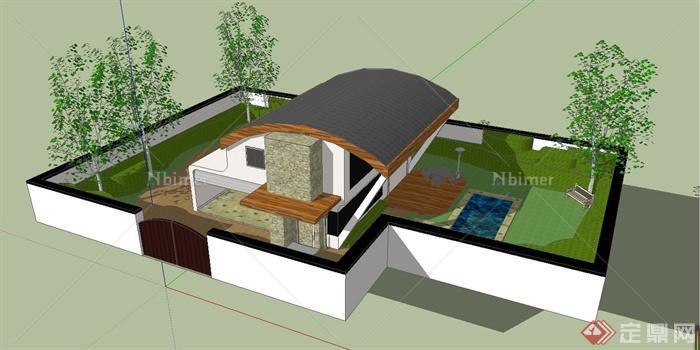 某特色别墅建筑设计SU模型（带庭院）