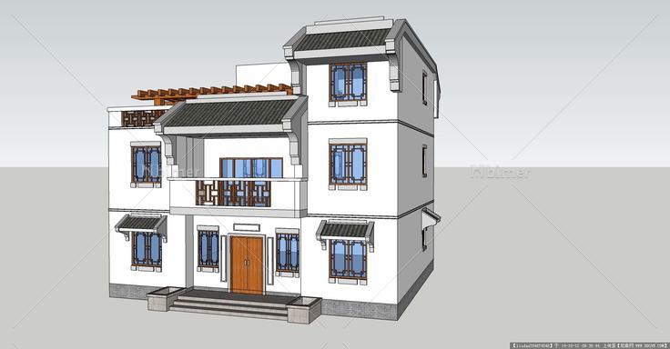 中式独栋别墅建筑设计su模型