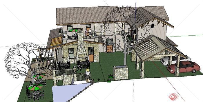 某现代中式住宅会所建筑设计SU模型