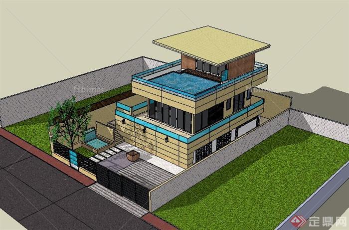 某现代三层私家住宅建筑设计SU模型