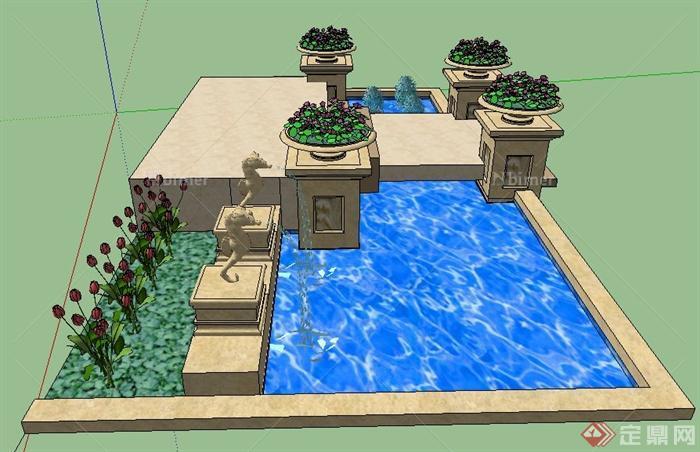 现代简约喷泉水景设计su模型