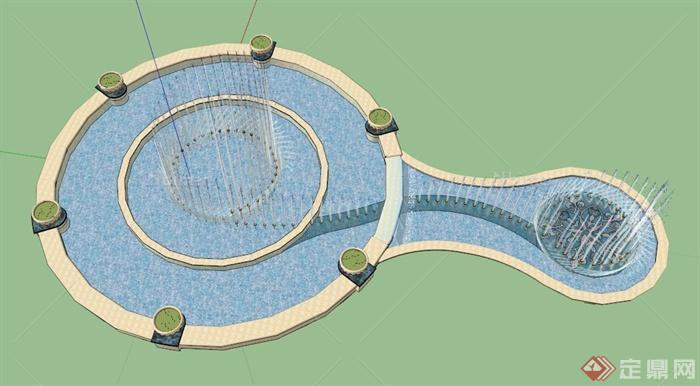 现代风格组合喷泉水池设计su模型