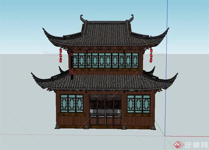 双层古典中式酒楼建筑设计su模型