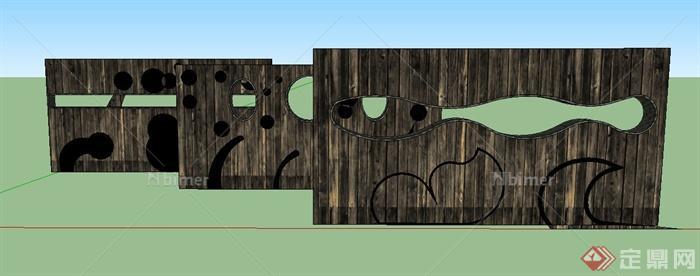 三块木质错落镂空景墙设计SU模型