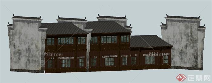 中式风格二层沿街商铺建筑设计su模型