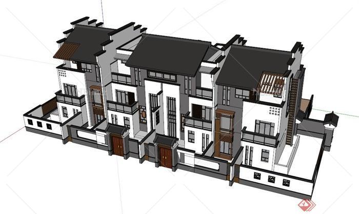 四拼中式别墅建筑设计SU模型