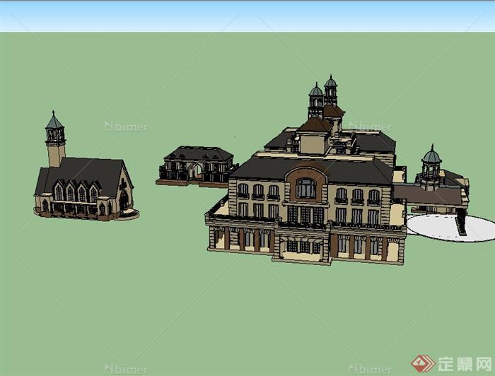新欧式风格精致详细会所建筑SU模型[原创]
