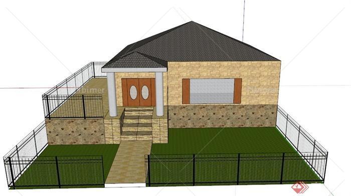 某欧式一层带栅栏住宅建筑设计SU模型