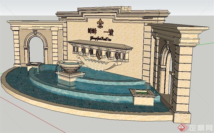 欧式喷泉跌水景墙设计su模型