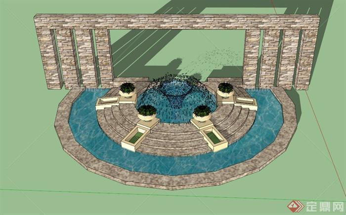 喷泉水池景墙设计SU模型