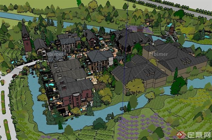 英式风格别墅住宅区建筑及景观设计SU模型[原创]