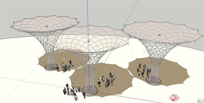 现代三个喇叭形休息廊架设计SU模型