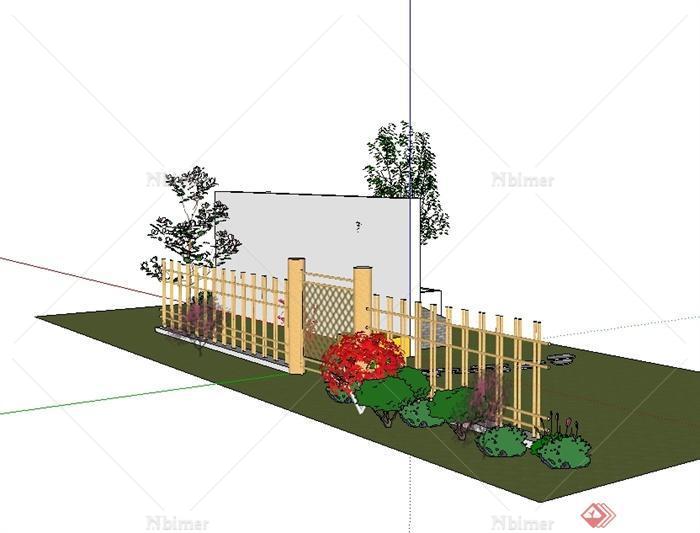 现代风格栅栏、景墙、花卉植物组合设计su模型[原