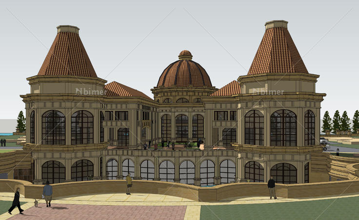 意式古典风格会所和下沉式广场sketchup模型
