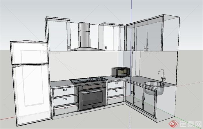 现代室内厨房橱柜、冰箱、餐具设计SU模型
