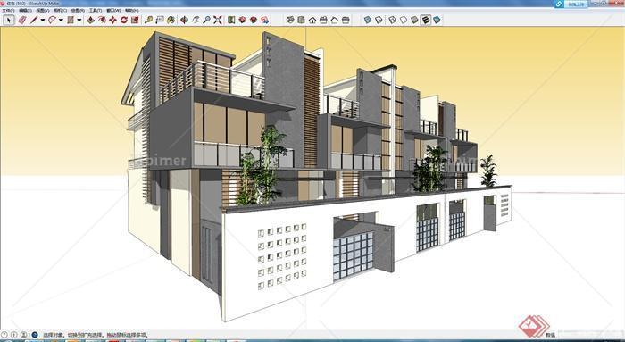 现代风格三层联排住宅别墅建筑设计SU模型