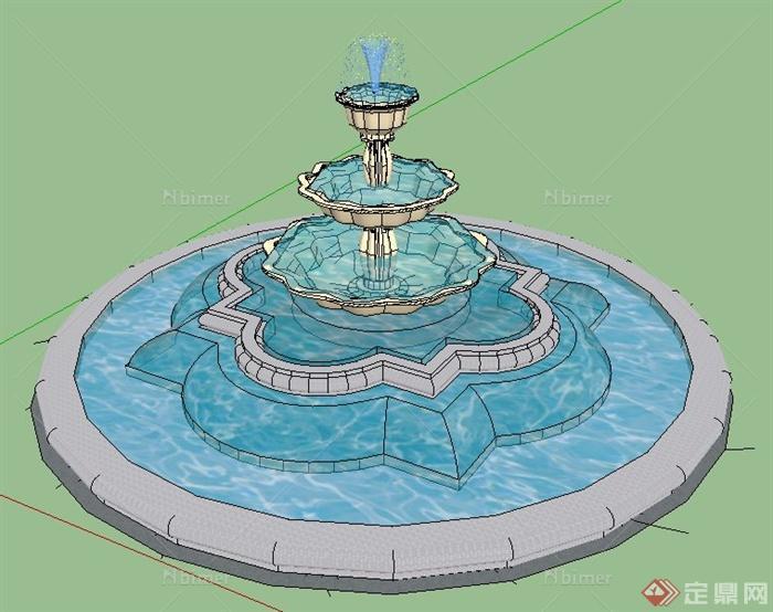 简欧圆形喷泉水景su模型