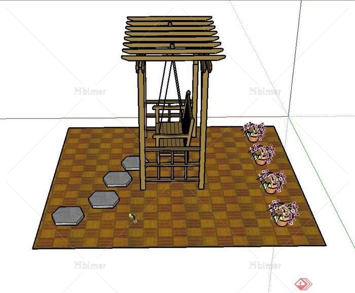 园林景观廊架、花钵、铺装、汀步组合设计SU模型