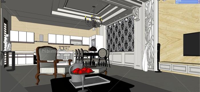 新古典住宅客厅餐厅室内设计su模型[原创]