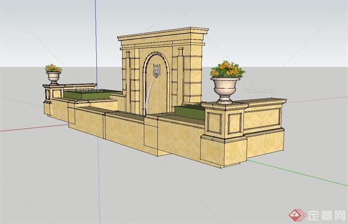 欧式景墙喷泉水池设计su模型含花钵