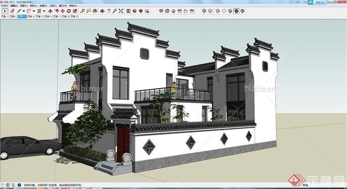 某现代中式住宅用房建筑设计SU模型素材