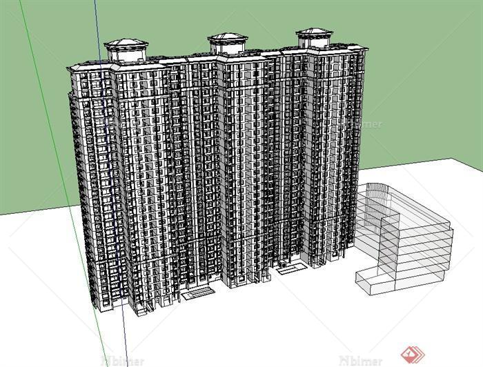 某现代风格高层无材质贴图住宅楼建筑设计SU模型