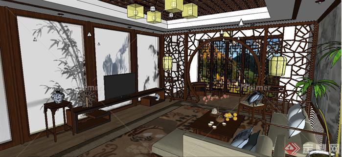 一个新中式客厅家装方案SU精致设计模型[原创]