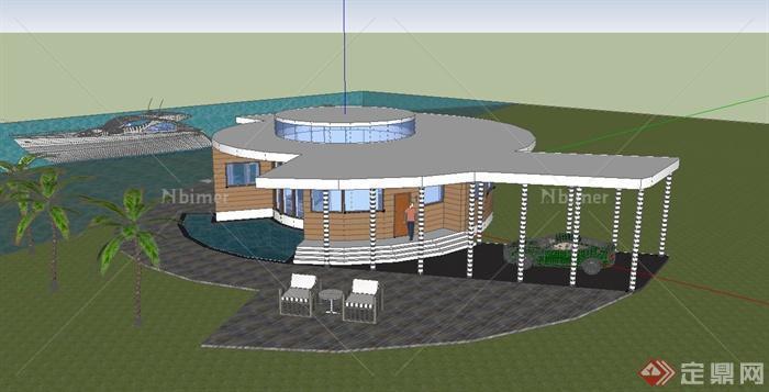 某现代风格滨海单层圆形住宅建筑设计SU模型