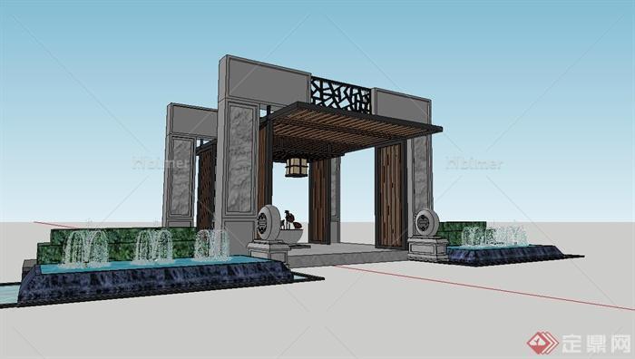 现代中式小区入口门廊设计su模型[原创]
