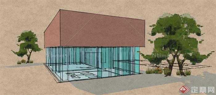 某现代玻璃墙住宅建筑设计su模型