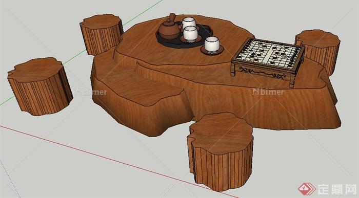 中式木制茶桌凳su模型