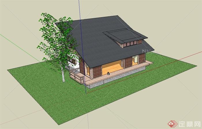 东南亚倾斜屋顶独栋别墅建筑设计su模型[原创]