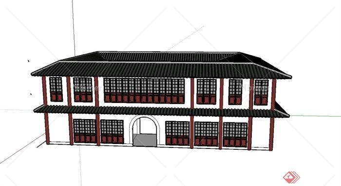 某古典中式风格两层四合院式禅房建筑设计SU模型