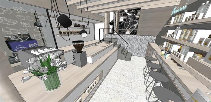 精品两层现代咖啡体验店室内装饰设计su模型[原创