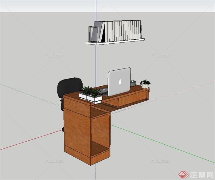 书房书桌、电脑、座椅、书架组合设计su模型
