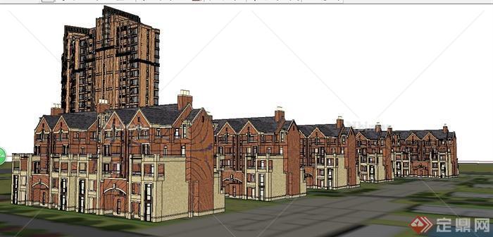 英式古典联排别墅及高层住宅楼建筑设计su模型[原