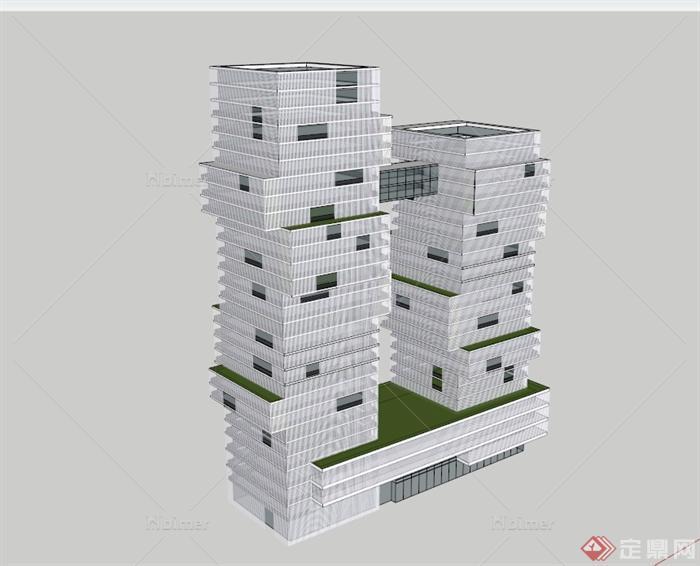 某现代风格双子独特办公楼建筑设计su模型[原创]