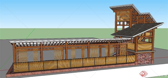 现代中式观景台及长廊su模型