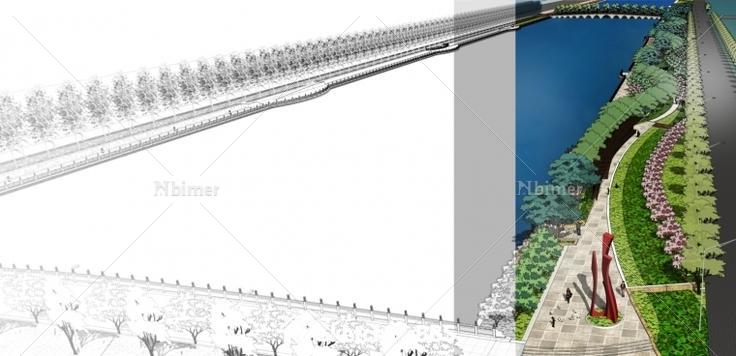景观带+桥+雕塑小品 景观设计方案带SketchUp模型