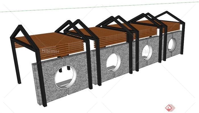 现代中式木板条廊架设计su模型