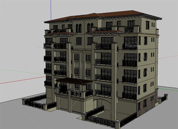 某地中海双拼小高层欧式别墅建筑设计方案SU模型