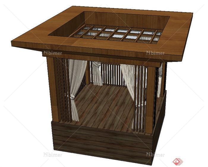 木质方形四角凉亭设计SU模型