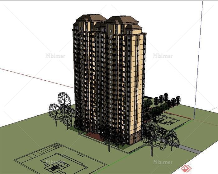 欧式风格详细高层住宅楼建筑及部分景观设计SU模