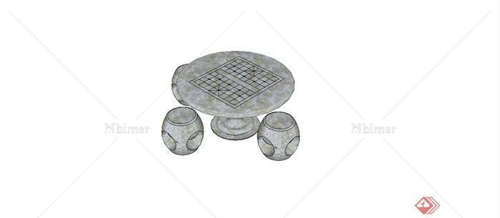 中式石头圆桌椅组合设计SU模型[原创]