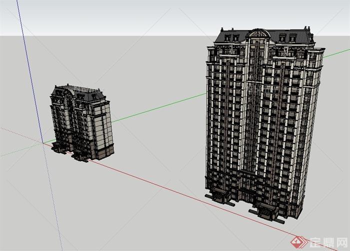 法式高层住宅建筑楼设计su模型[原创]