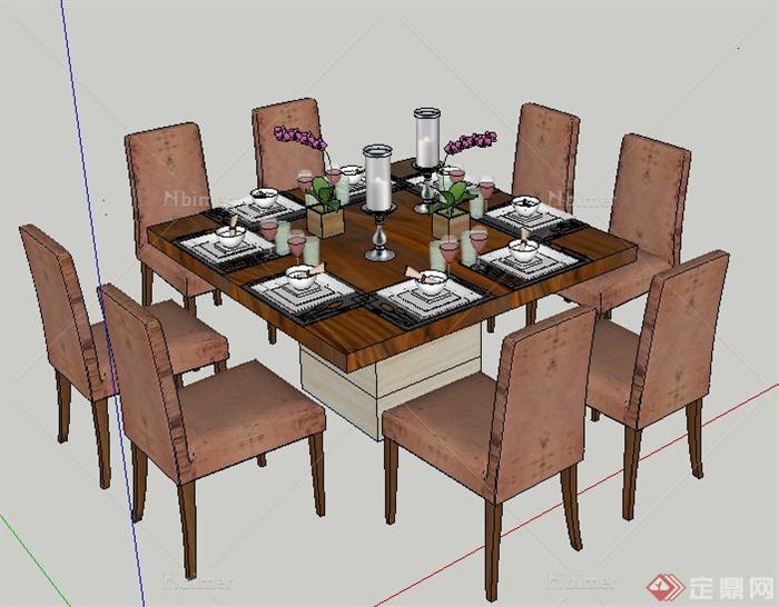 现代风格八人座方形餐桌椅su模型