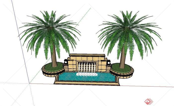 某小区大门入口欧式喷泉水池设计su模型（含树池