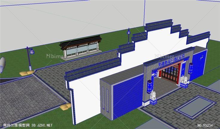 中式徽派大门入口及宣传栏SU模型