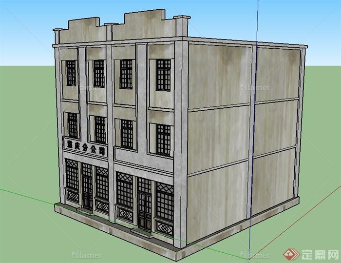 某古典中式三层办公楼建筑设计SU模型