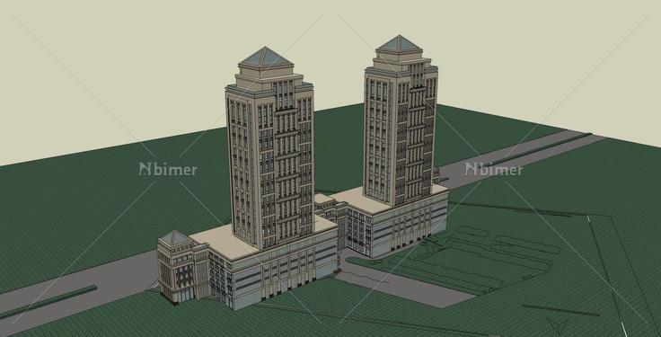 新古典双塔式商业办公大楼(31258)su模型下载